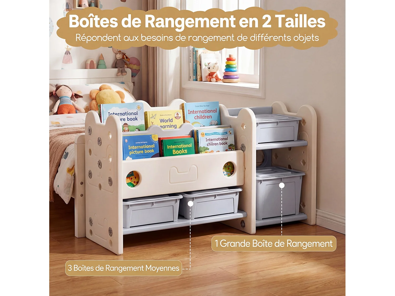 Speelgoedorganizer katthema 2-in-1, boekenrek, 2 niveaus wit