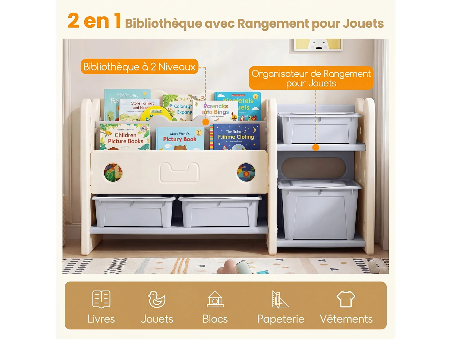 Speelgoedorganizer katthema 2-in-1, boekenrek, 2 niveaus wit