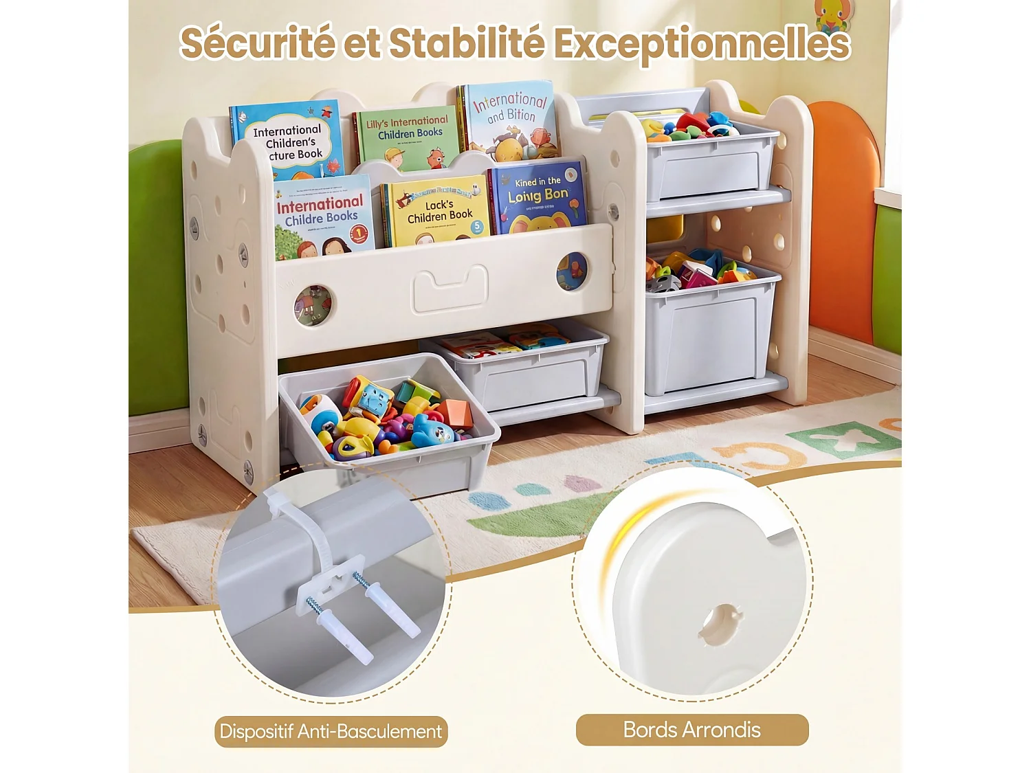Speelgoedorganizer katthema 2-in-1, boekenrek, 2 niveaus wit