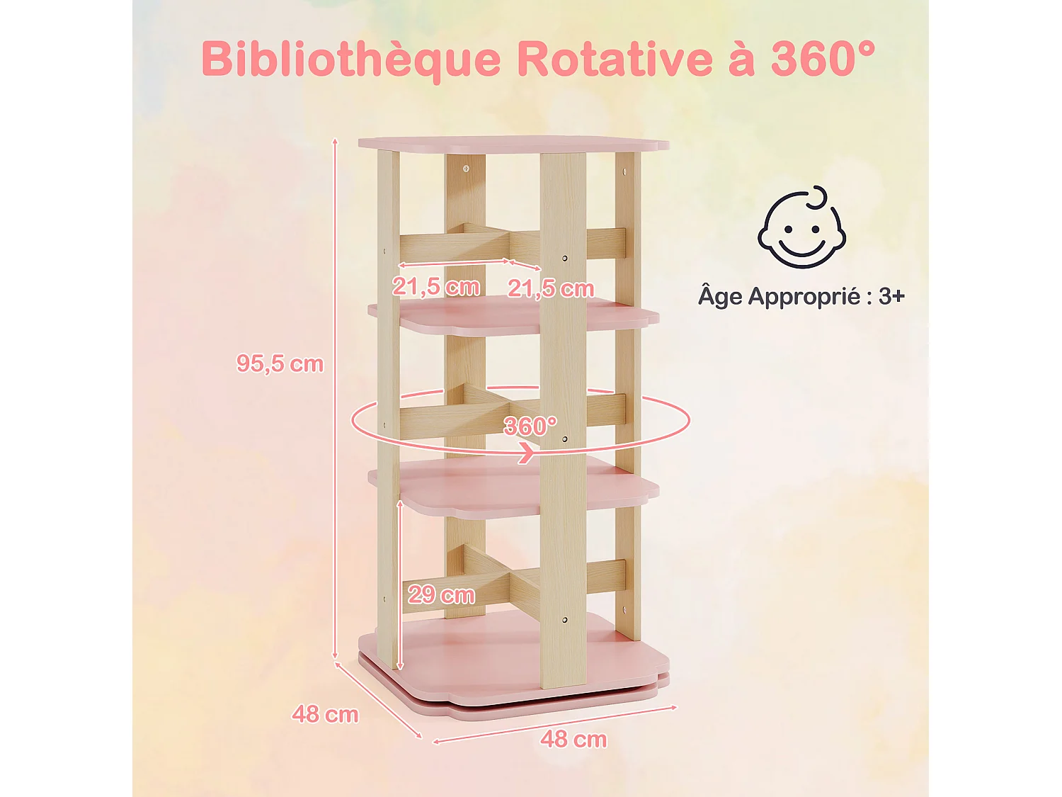 Bibliothèque rotative enfants 3 niveaux, tour 360° 12 cases, salon crèche, rose