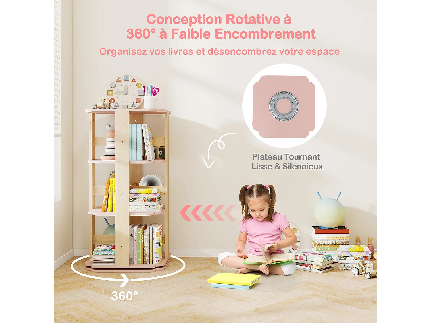 Bibliothèque rotative enfants 3 niveaux, tour 360° 12 cases, salon crèche, rose