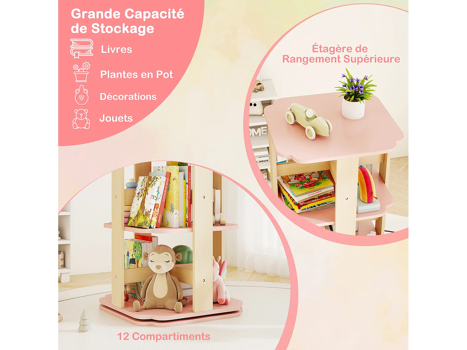 Bibliothèque rotative enfants 3 niveaux, tour 360° 12 cases, salon crèche, rose