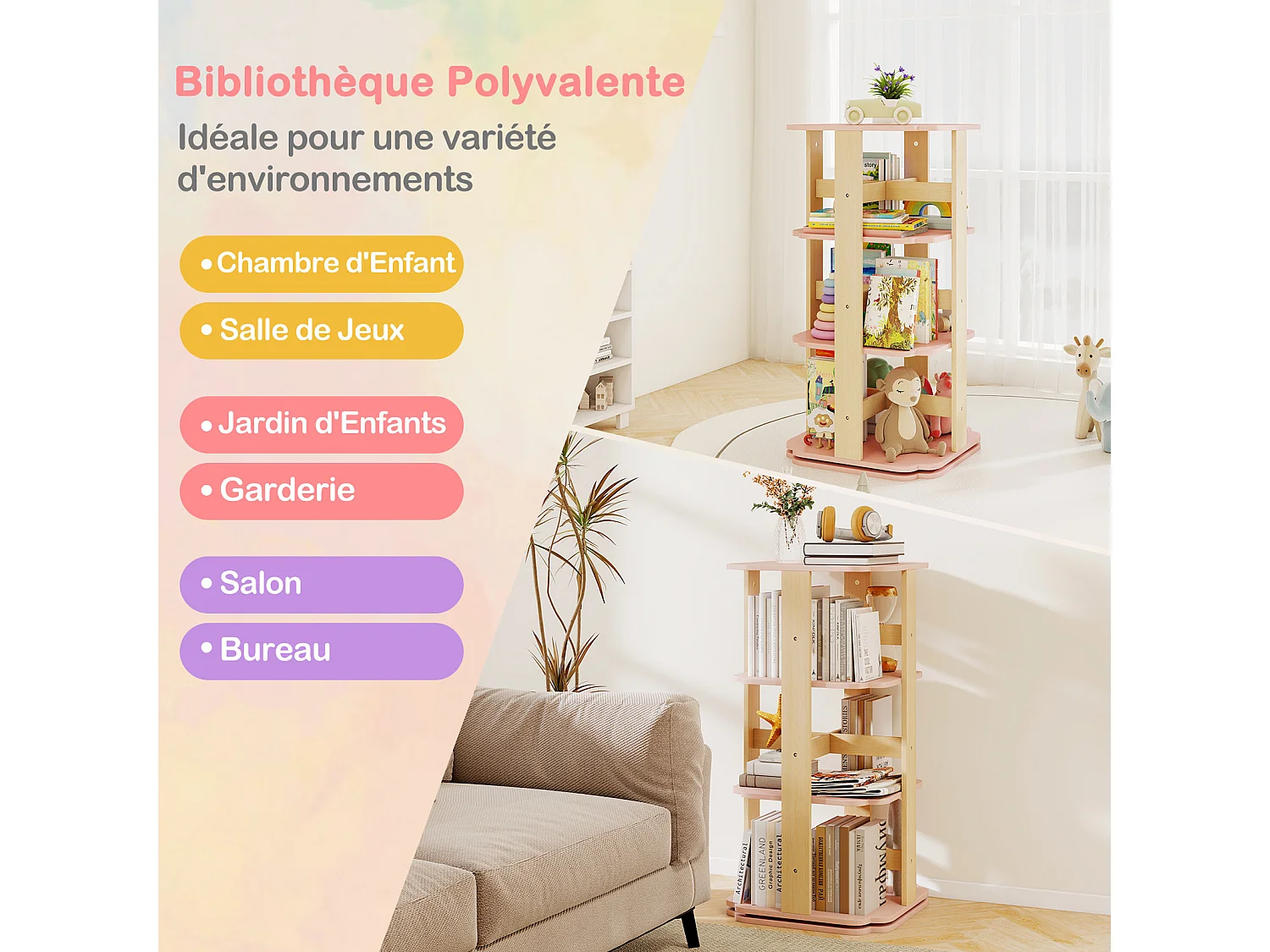 Bibliothèque rotative enfants 3 niveaux, tour 360° 12 cases, salon crèche, rose