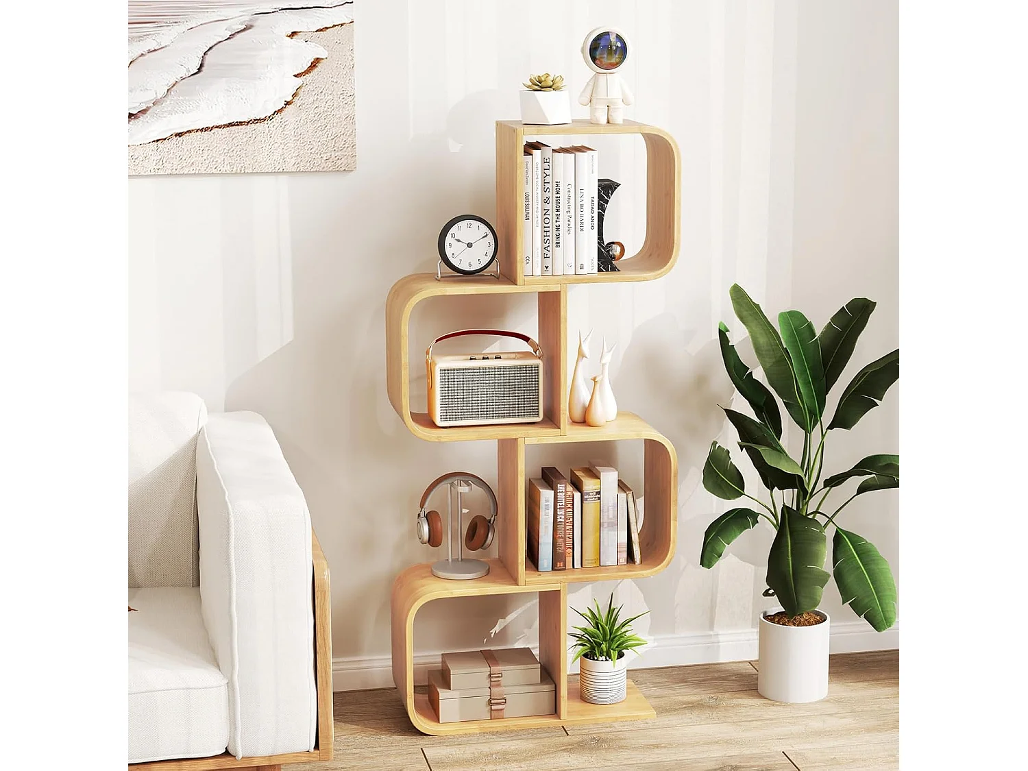 Boekenplank S-vorm 4 lagen, bamboe, 4 vakken, hoekplank 61x23x133,5cm, naturel.