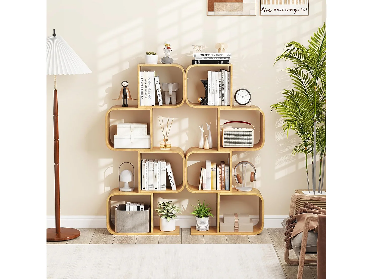 Boekenplank S-vorm 4 lagen, bamboe, 4 vakken, hoekplank 61x23x133,5cm, naturel.