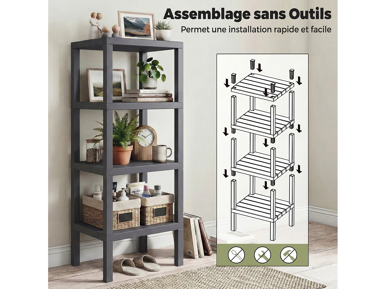 4-laags kunststof opbergrek, vrijstaand, voor badkamer/keuken, grijs.