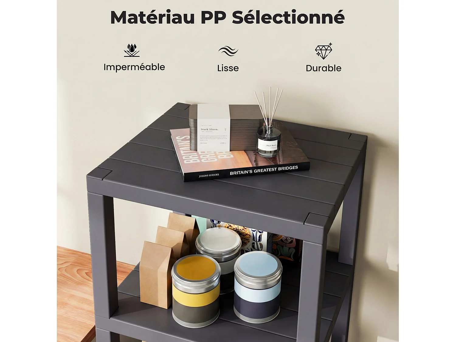 4-laags kunststof opbergrek, vrijstaand, voor badkamer/keuken, grijs.