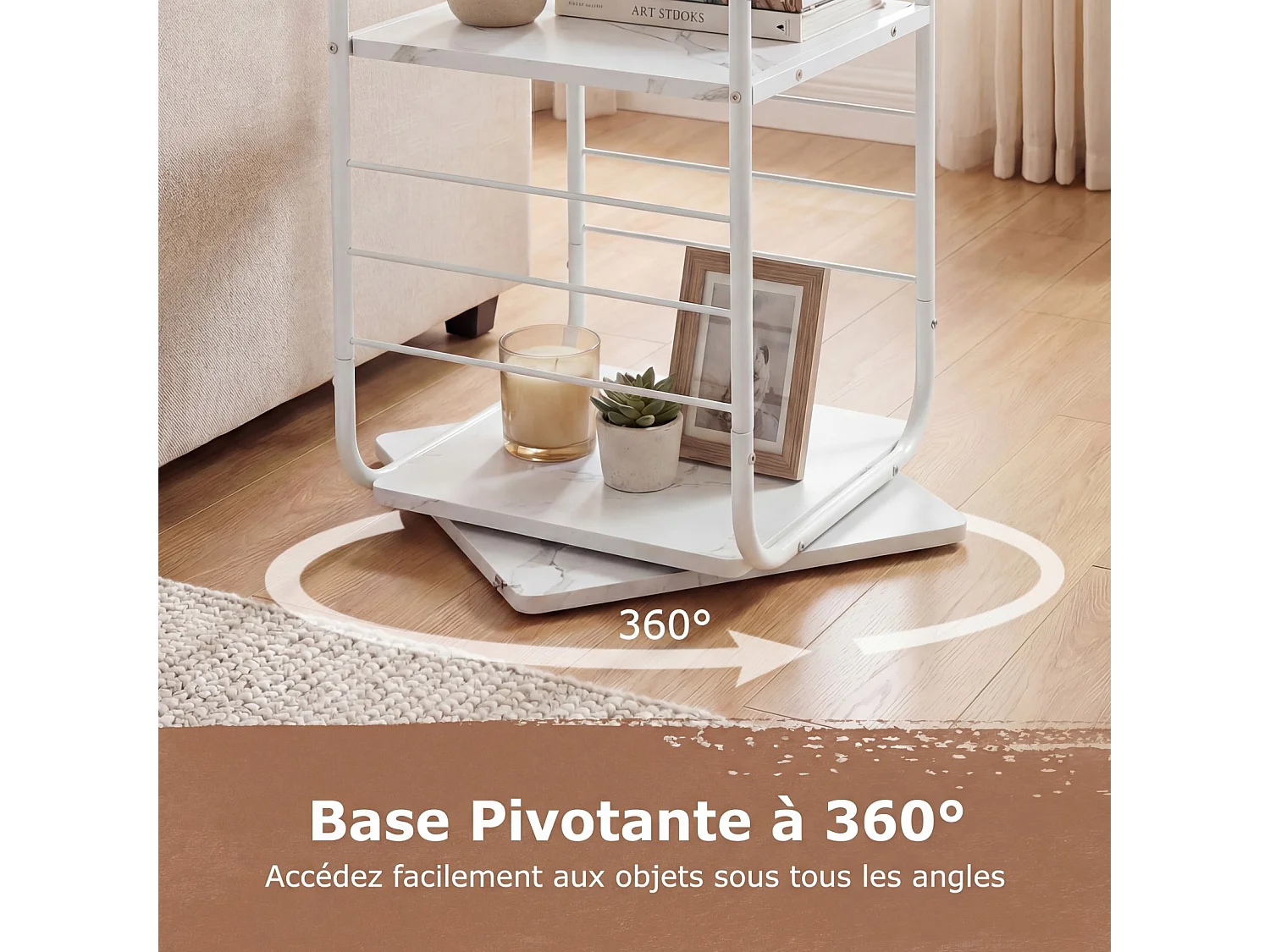 Bibliothèque Tournante à 4 Niveaux Tour de Livres Pivotante 360° Cadre Métal Blanc