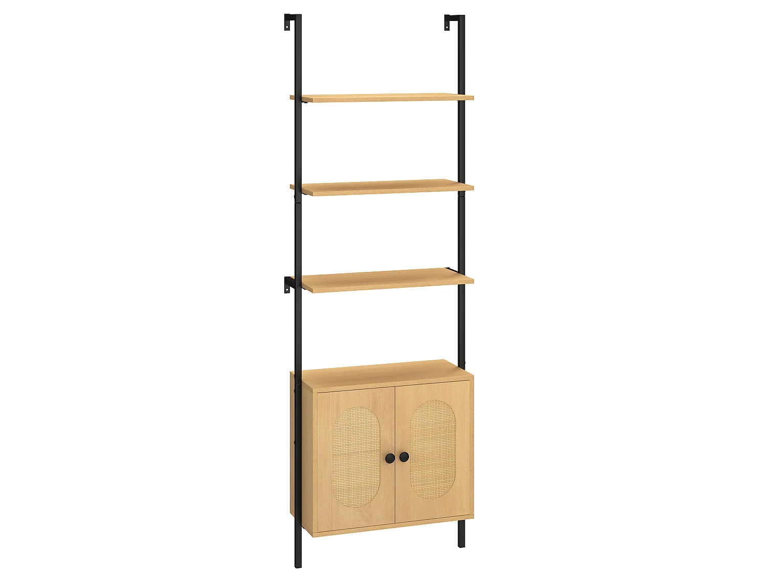 3-stufiges Bücherregal mit Rattan Schrank 184 cm Wandmontage Leiterregal Offener Präsentationsregal