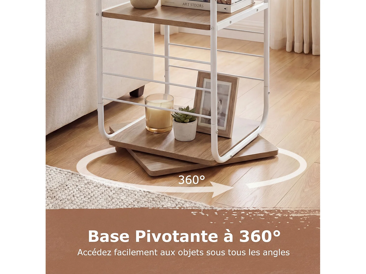 Bibliothèque Tournante à 4 Niveaux Tour de Livres Pivotante 360° Cadre Métal Naturel