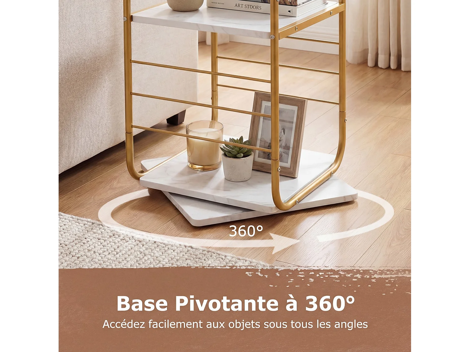 Bibliothèque Tournante à 4 Niveaux Tour de Livres Pivotante 360° Cadre Métal Doré