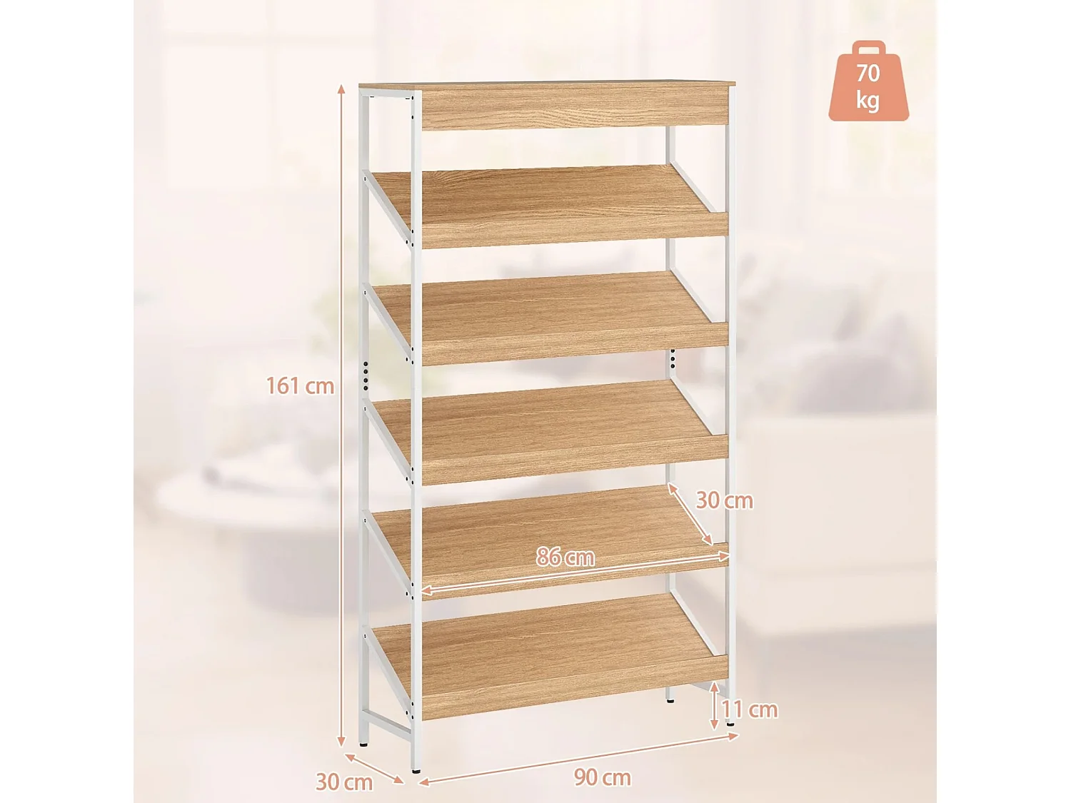 Libreria a 6 ripiani scaffale inclinato con struttura metallica robusta, Libreria porta giornali industriale Legno naturale