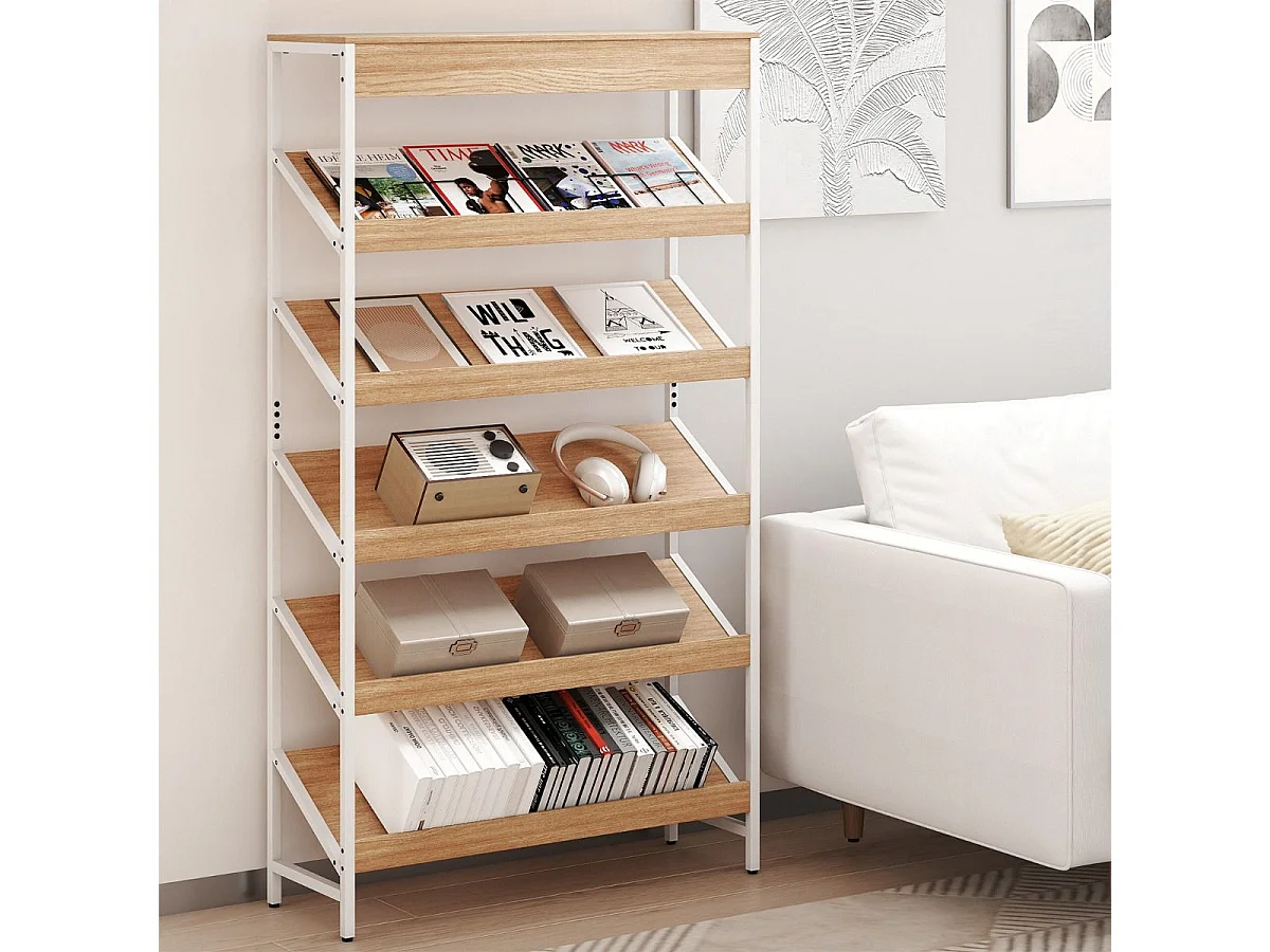 Libreria a 6 ripiani scaffale inclinato con struttura metallica robusta, Libreria porta giornali industriale Legno naturale
