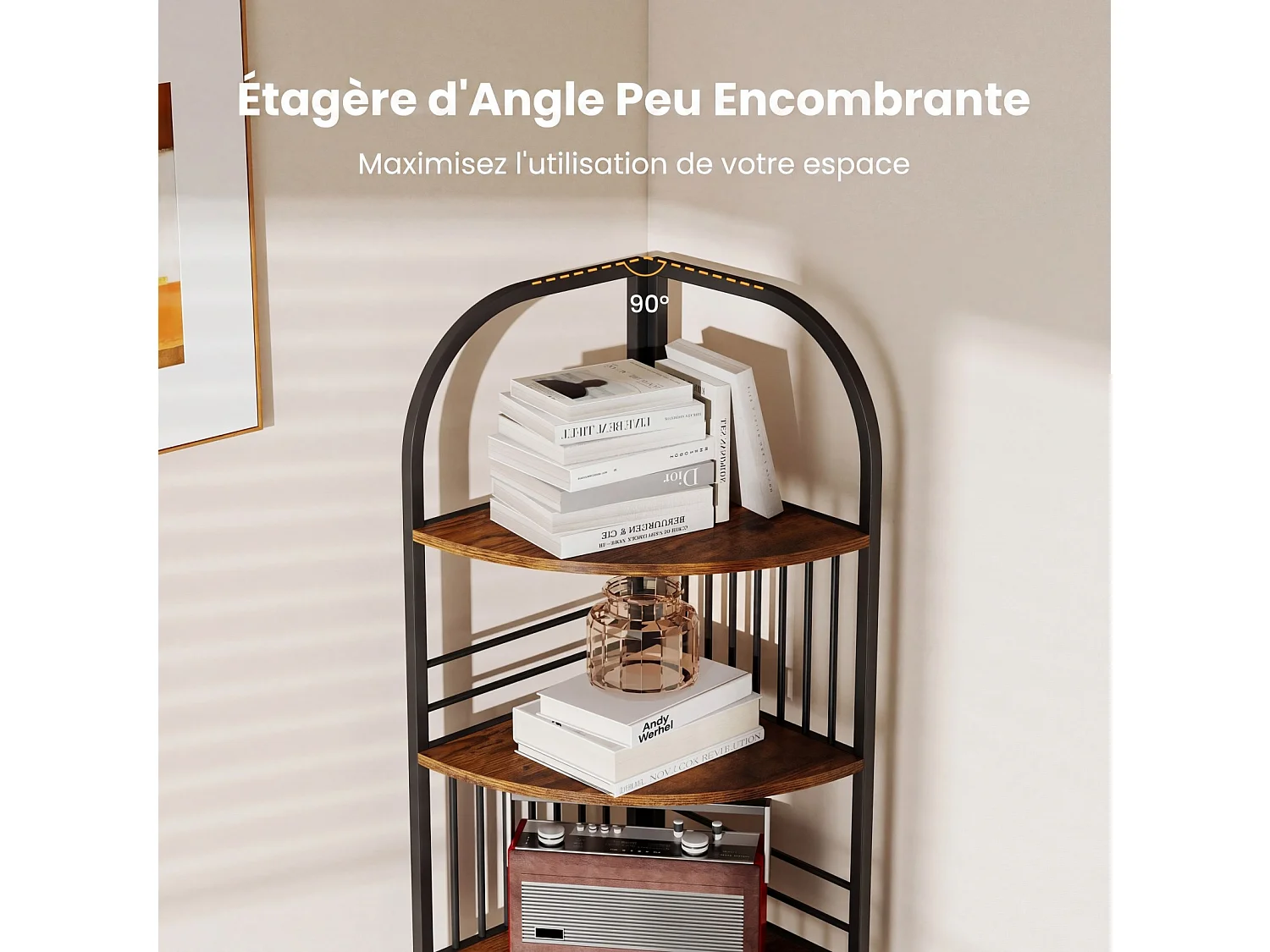 Étagère d'Angle 6 Niveaux, 181,5cm, Cadre Métallique pour Salon/Chambre, Marron