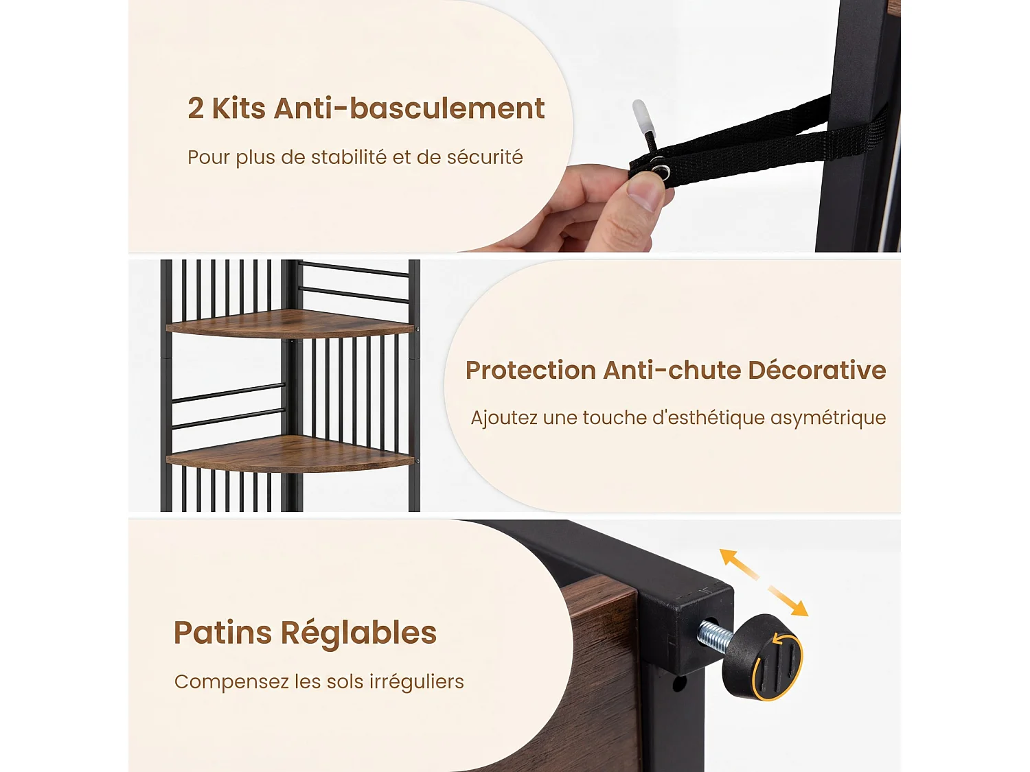 Étagère d'Angle 6 Niveaux, 181,5cm, Cadre Métallique pour Salon/Chambre, Marron