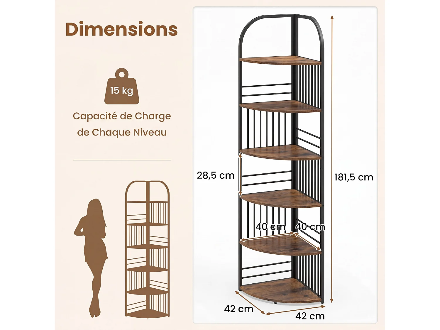 Étagère d'Angle 6 Niveaux, 181,5cm, Cadre Métallique pour Salon/Chambre, Marron