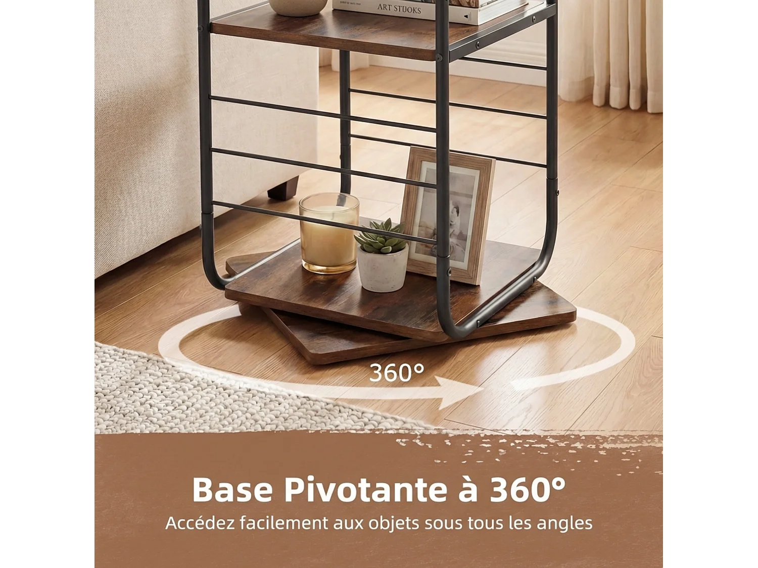 Bibliothèque Tournante à 4 Niveaux Tour de Livres Pivotante 360° Cadre Métal Marron