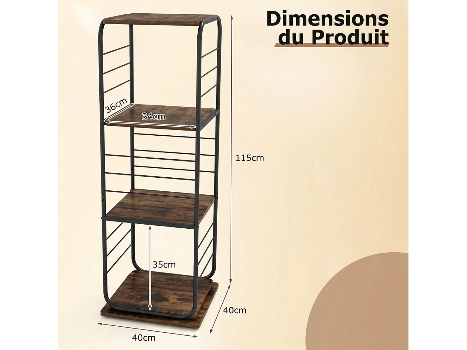 Bibliothèque Tournante à 4 Niveaux Tour de Livres Pivotante 360° Cadre Métal Marron