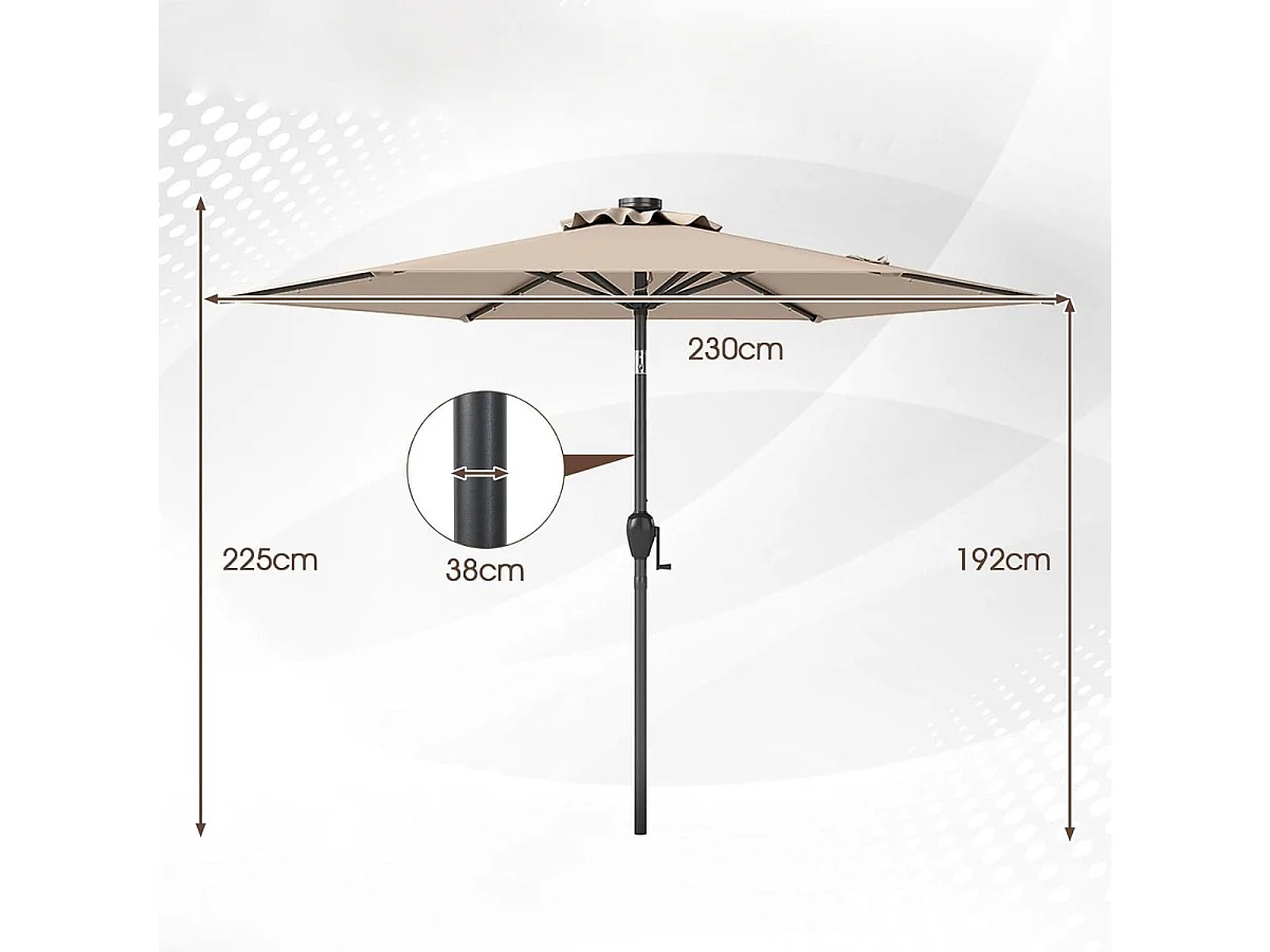 230 cm Sonnenschirm mit LED Solar Beleuchtung & Kurbel Gartenschirm Marktschirm Hellbraun