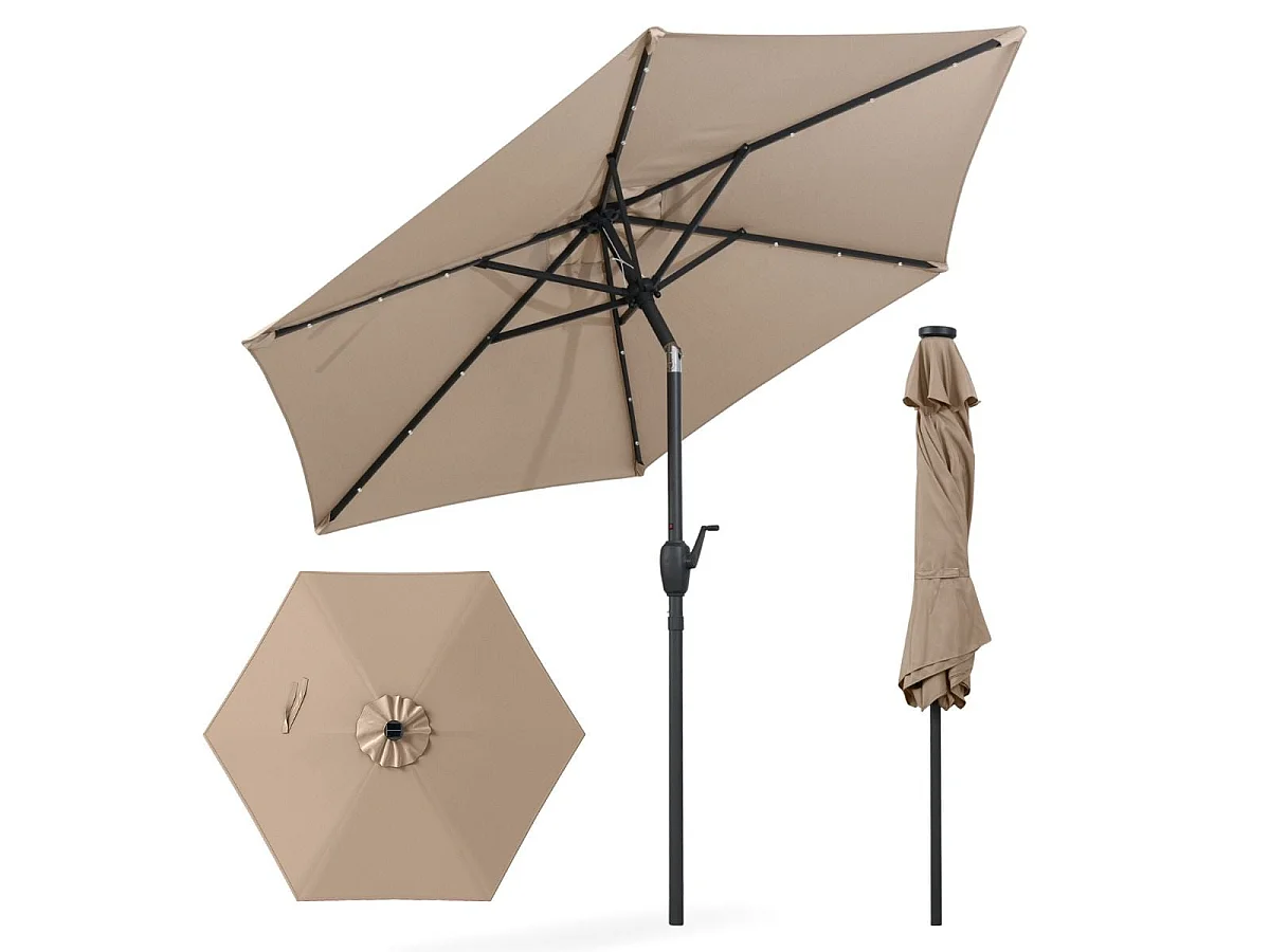 230 cm Sonnenschirm mit LED Solar Beleuchtung & Kurbel Gartenschirm Marktschirm Hellbraun