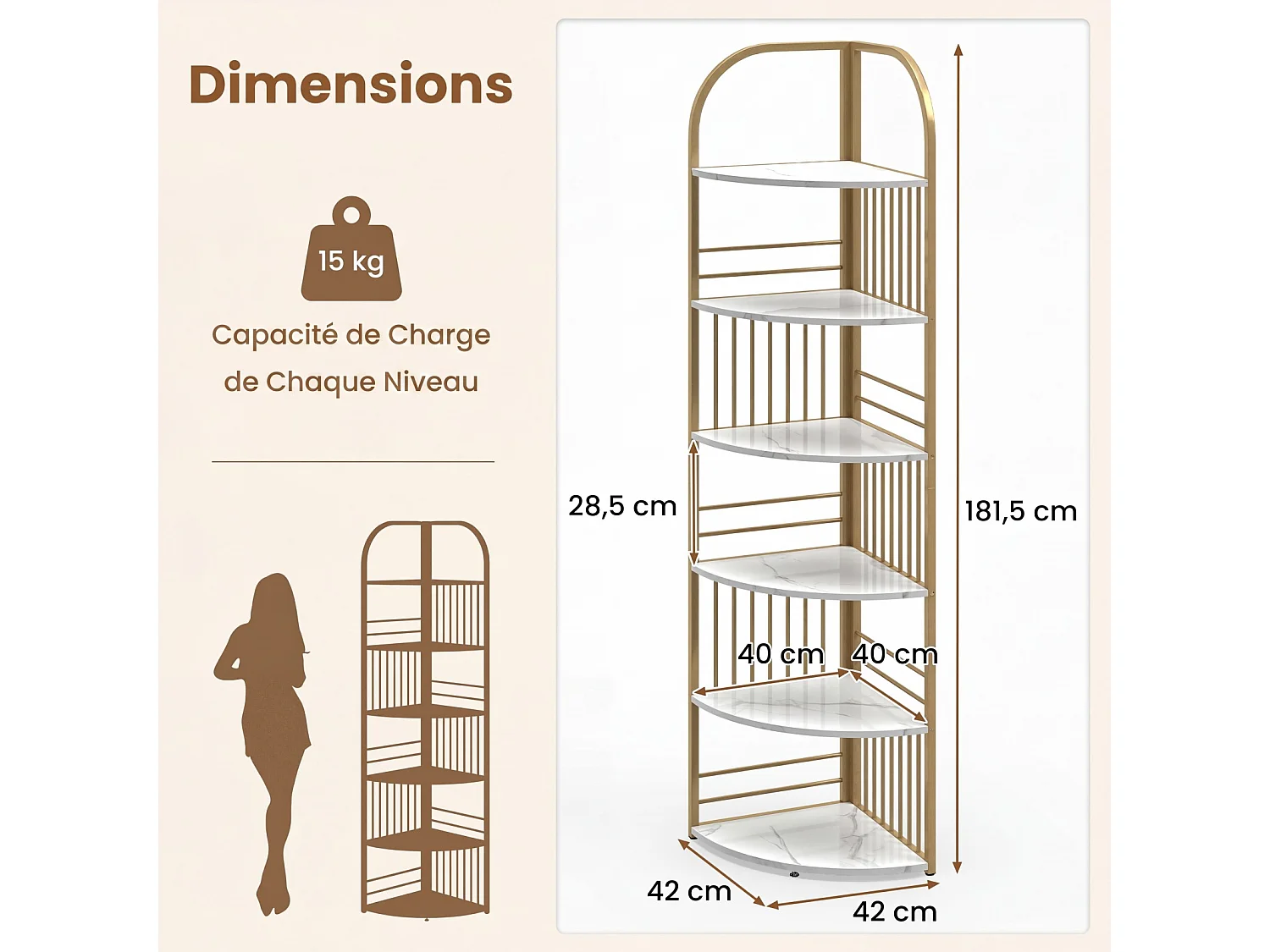 Étagère d'Angle 6 Niveaux, 181,5cm, Cadre Métallique pour Salon/Chambre, Or