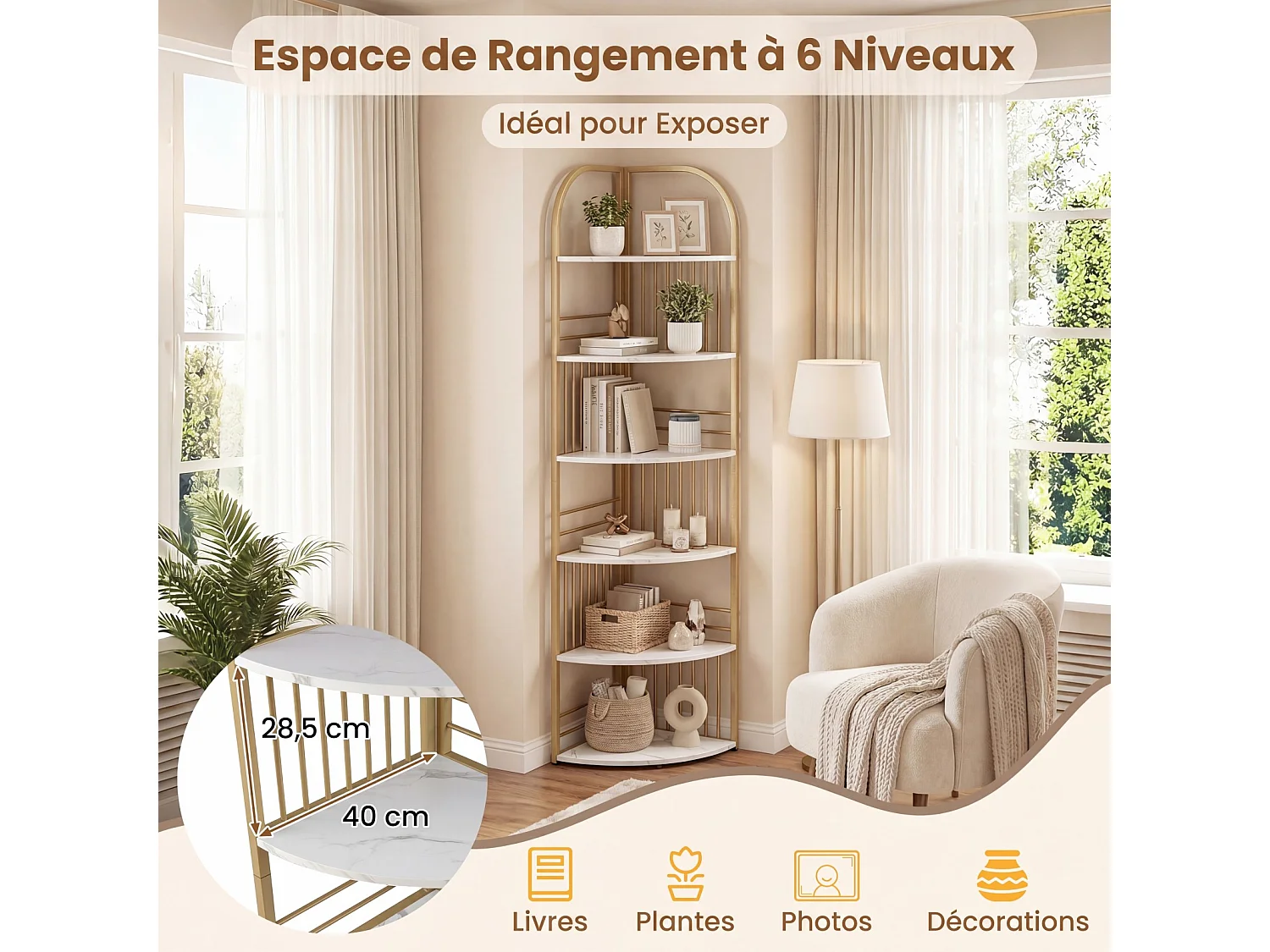 Étagère d'Angle 6 Niveaux, 181,5cm, Cadre Métallique pour Salon/Chambre, Or