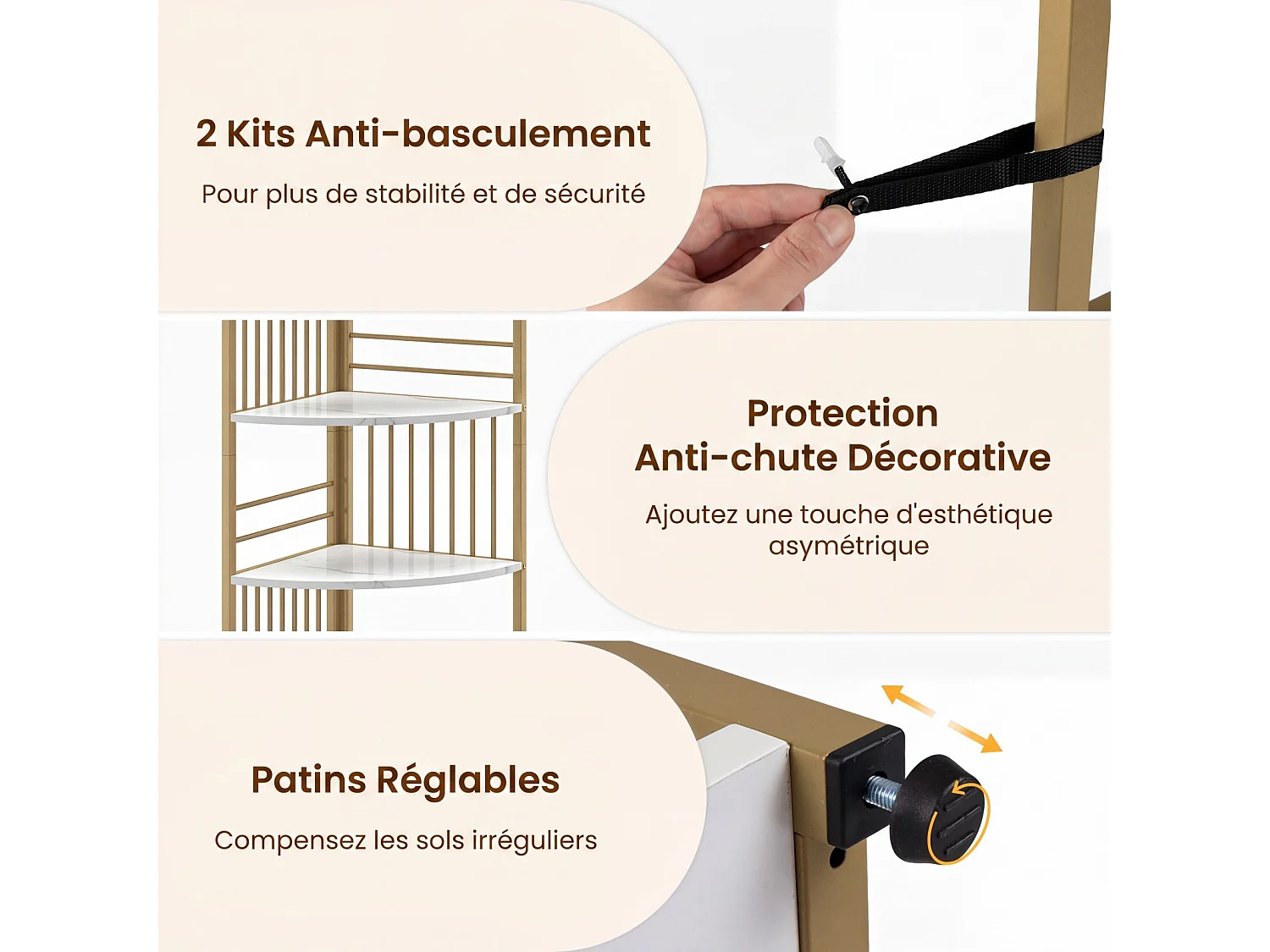 Étagère d'Angle 6 Niveaux, 181,5cm, Cadre Métallique pour Salon/Chambre, Or