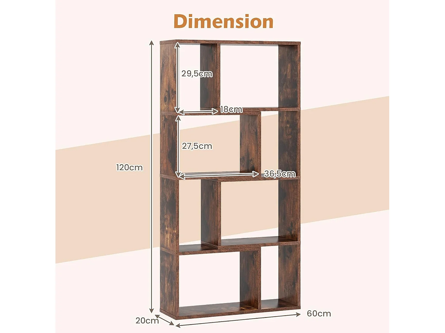 Bibliothèque enfant bois forme maison 5 compartiments anti-bascule rose