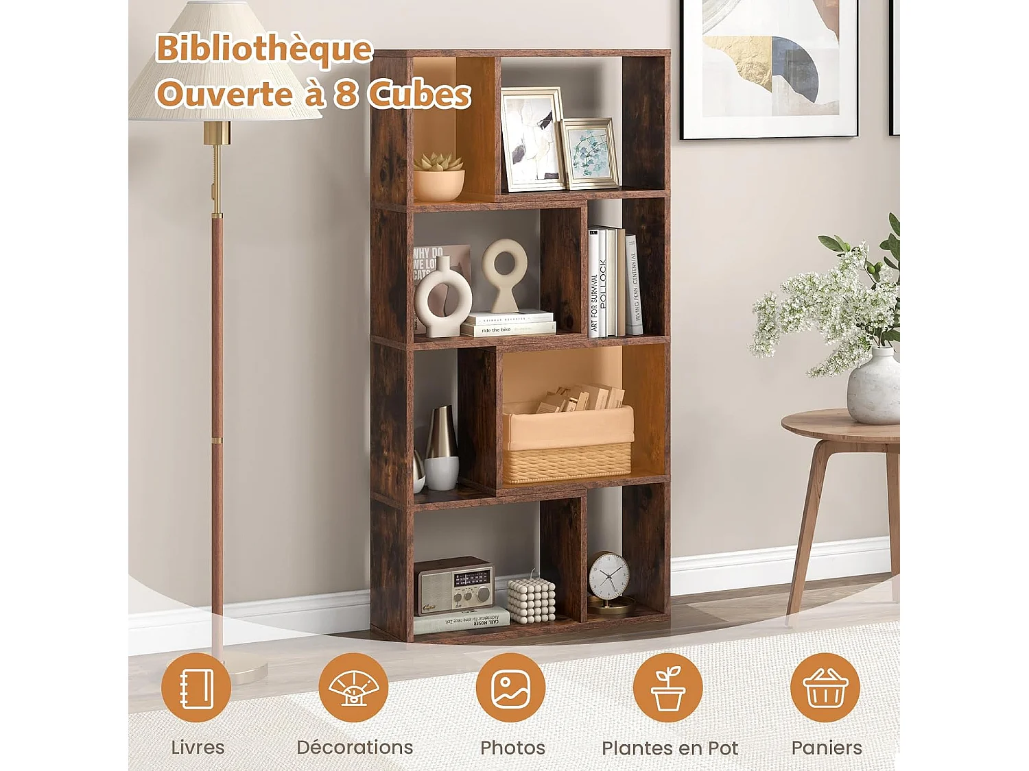 Bibliothèque enfant bois forme maison 5 compartiments anti-bascule rose