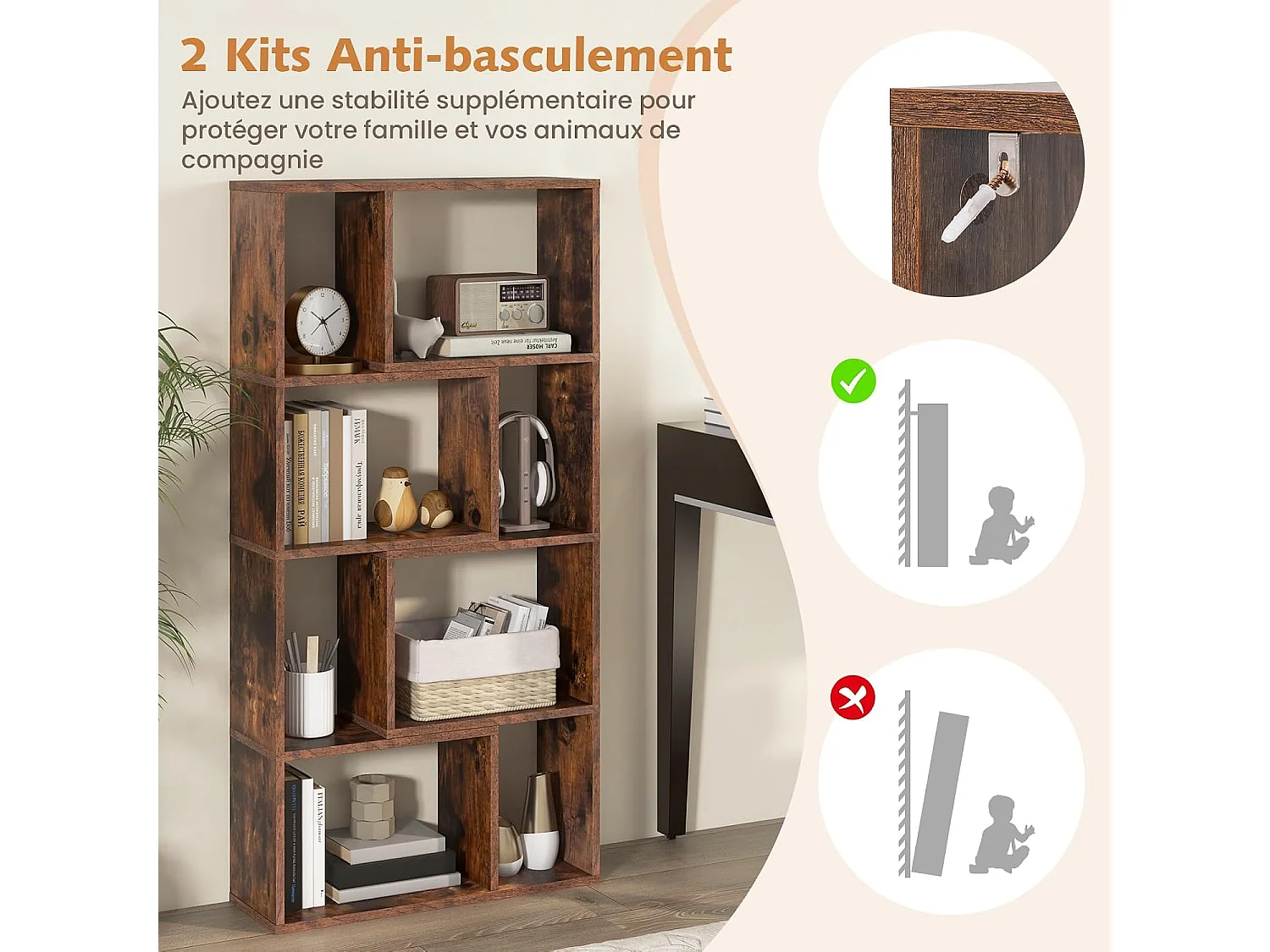 Bibliothèque enfant bois forme maison 5 compartiments anti-bascule rose