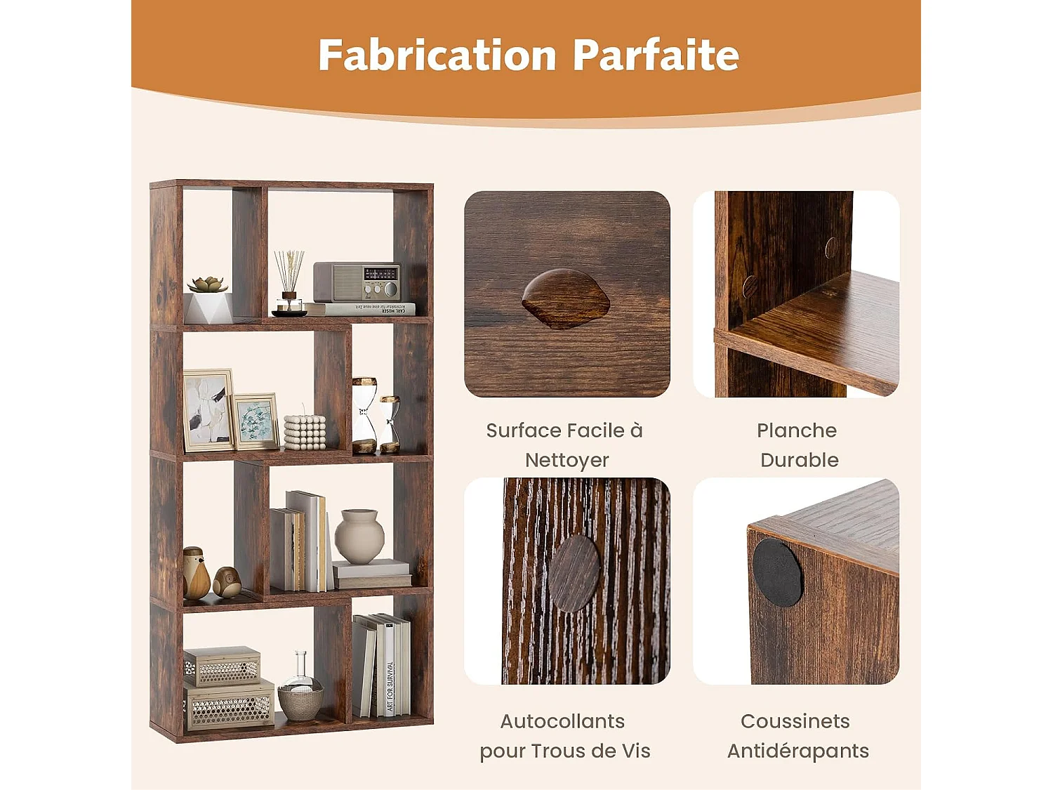 Bibliothèque enfant bois forme maison 5 compartiments anti-bascule rose