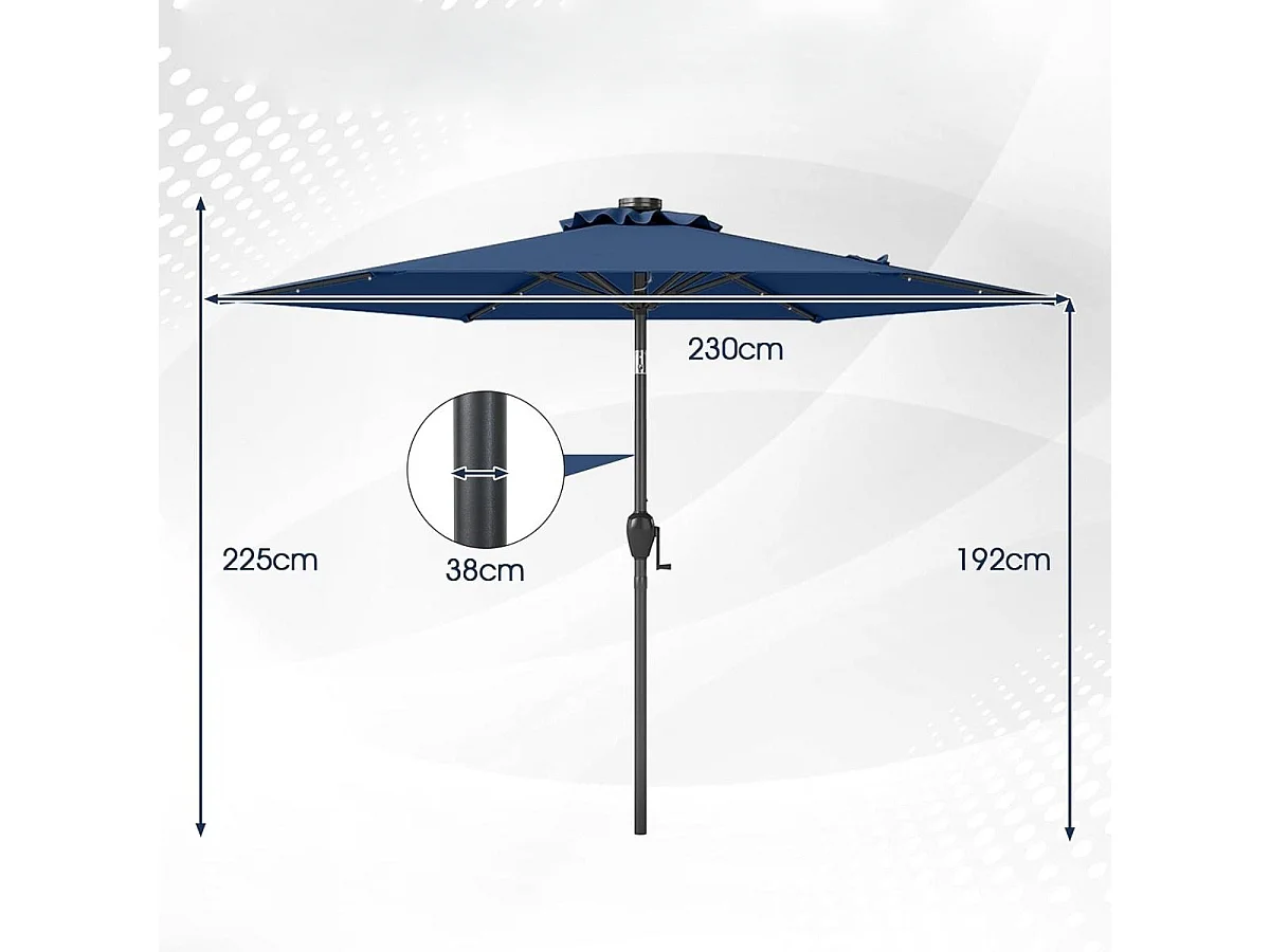 230 cm Sonnenschirm mit LED Solar Beleuchtung & Kurbel Gartenschirm Marktschirm Marineblau