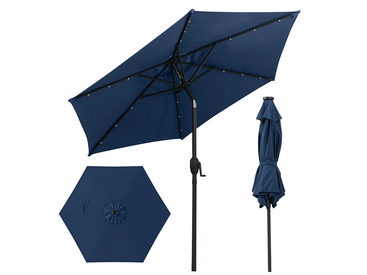230 cm Sonnenschirm mit LED Solar Beleuchtung & Kurbel Gartenschirm Marktschirm Marineblau