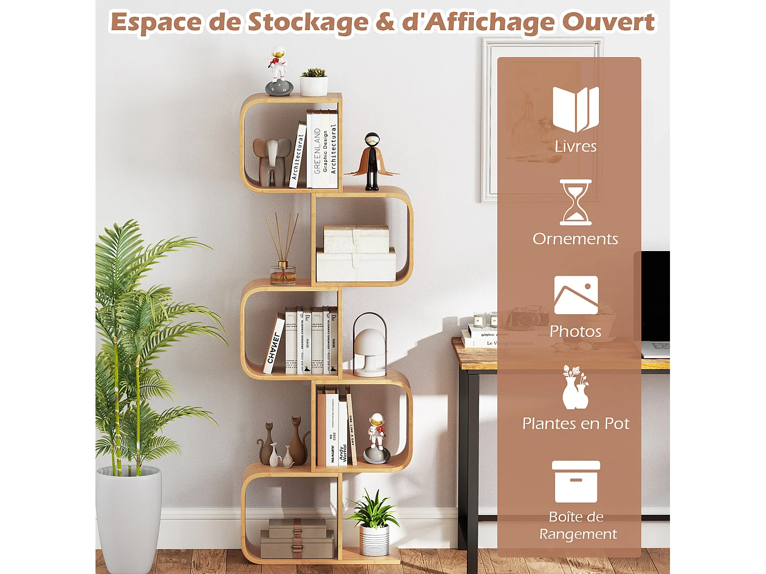 Bibliothèque S bambou 5 niveaux, angle, 61x23x166cm, naturel