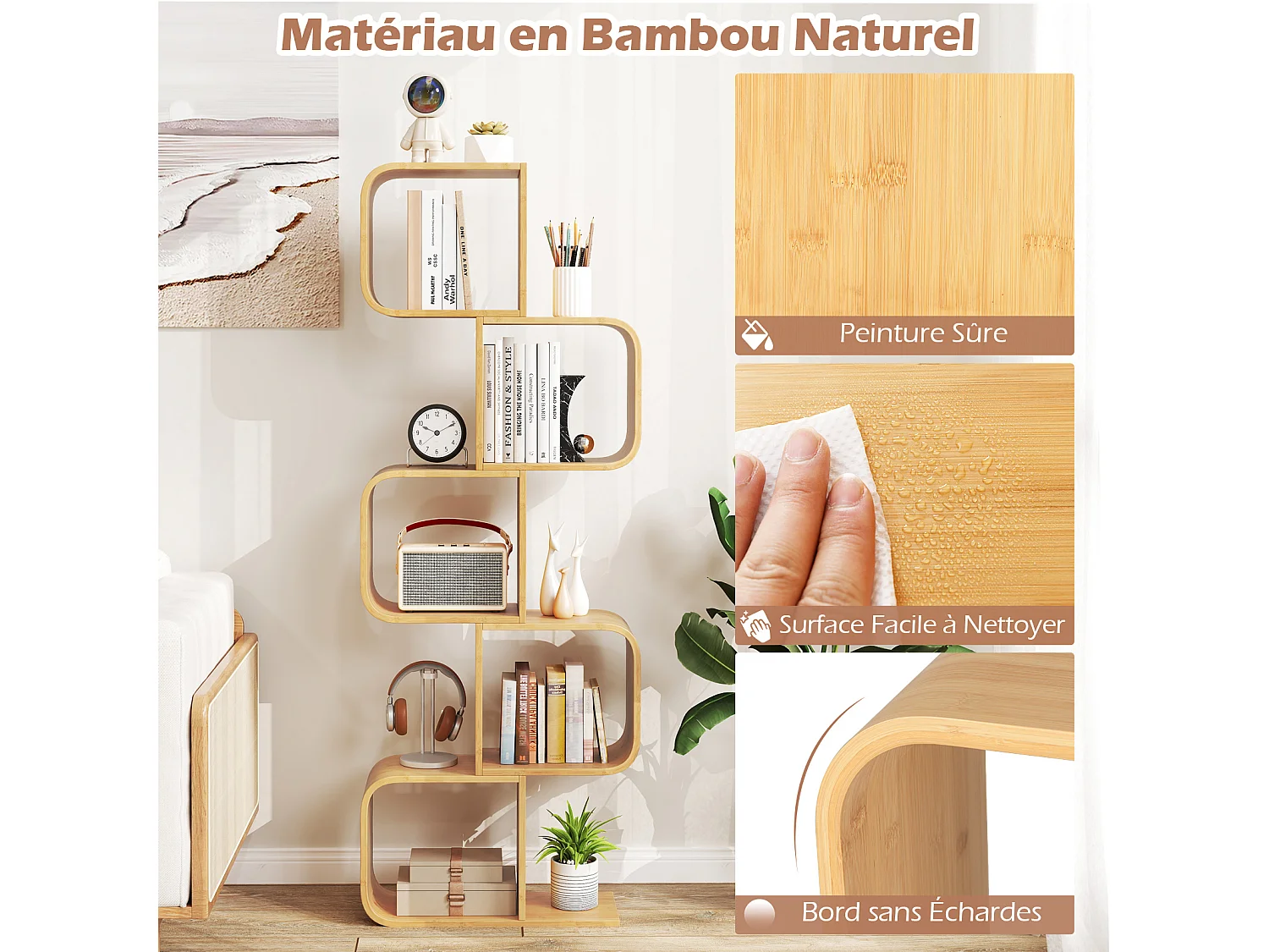 Bibliothèque S bambou 5 niveaux, angle, 61x23x166cm, naturel