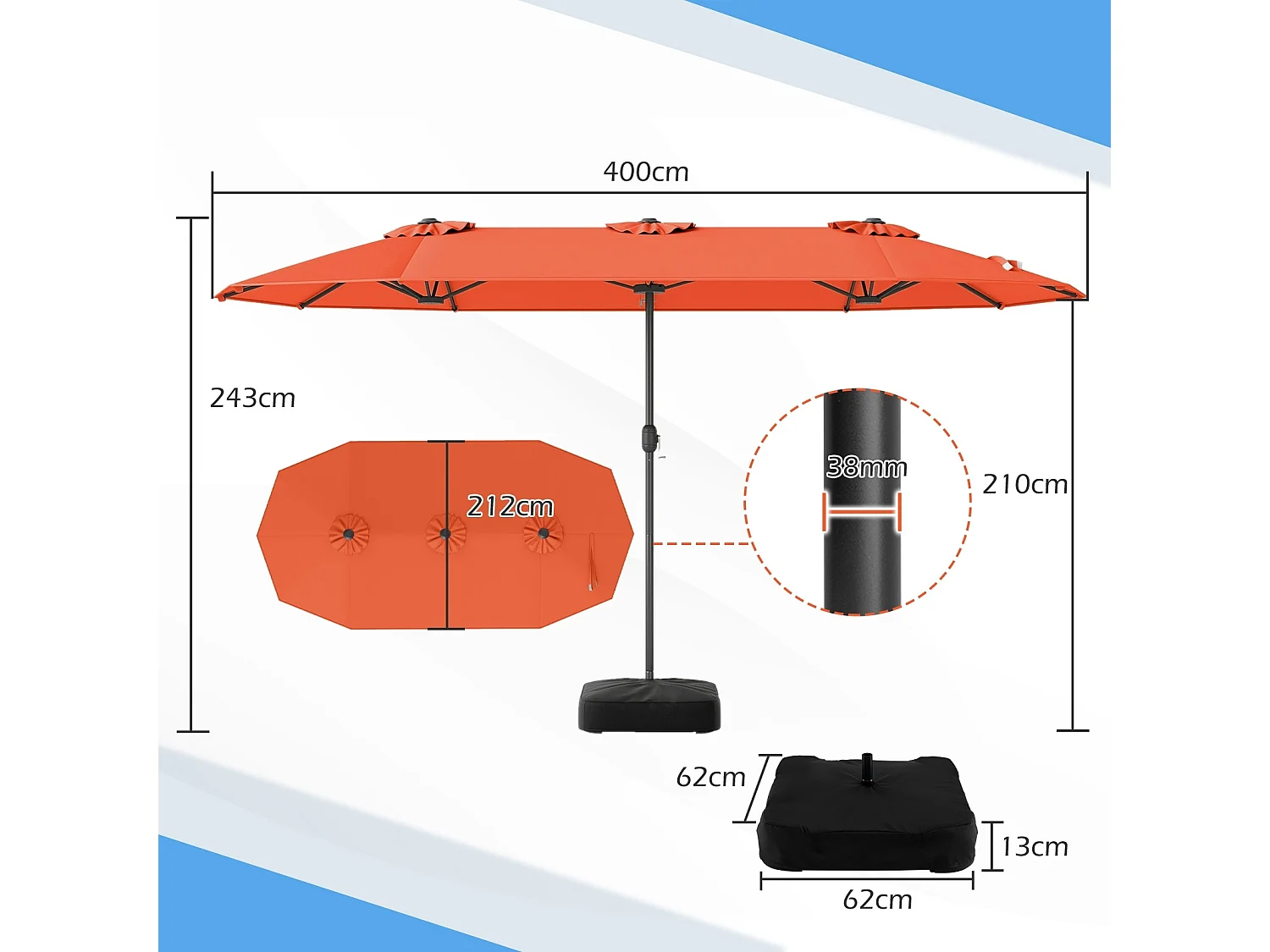 Doppelsonnenschirm mit Ständer Sonnenschirm UPF 50+ Gartenschirm 400 x 200 cm Orange