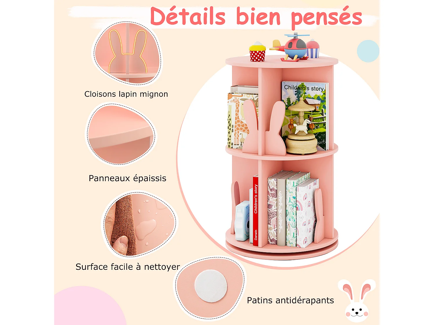 Bibliothèque d'Angle Rotative 360° pour Enfants, à 2 Niveaux, Forme Lapin