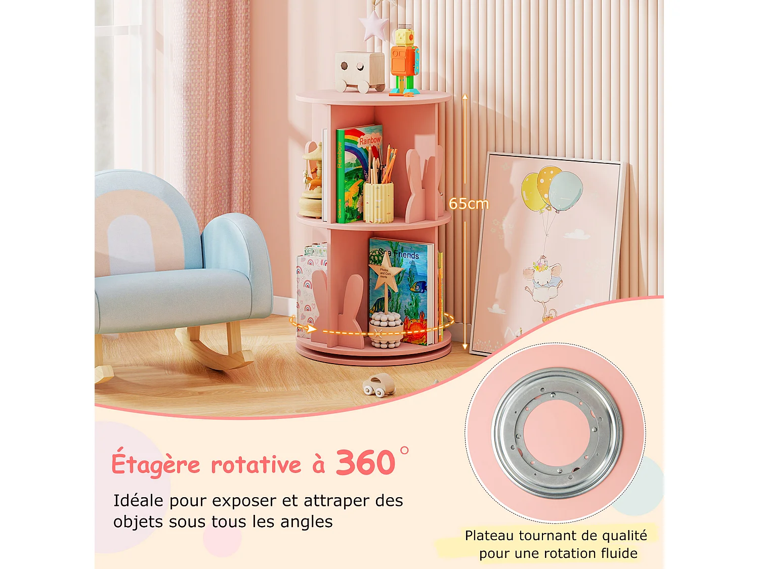 Bibliothèque d'Angle Rotative 360° pour Enfants, à 2 Niveaux, Forme Lapin