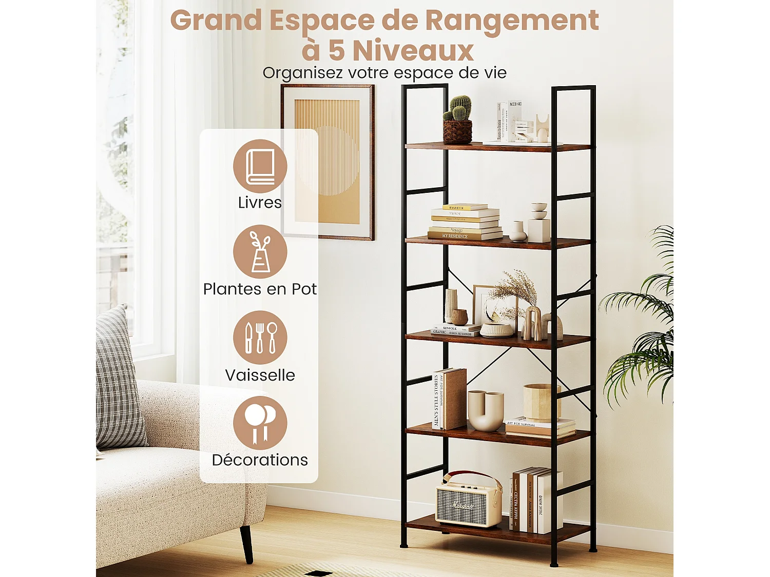 Étagère 5 Niveaux Bibliothèque 160 cm Hauteur Cadre Métallique Anti-Basculement