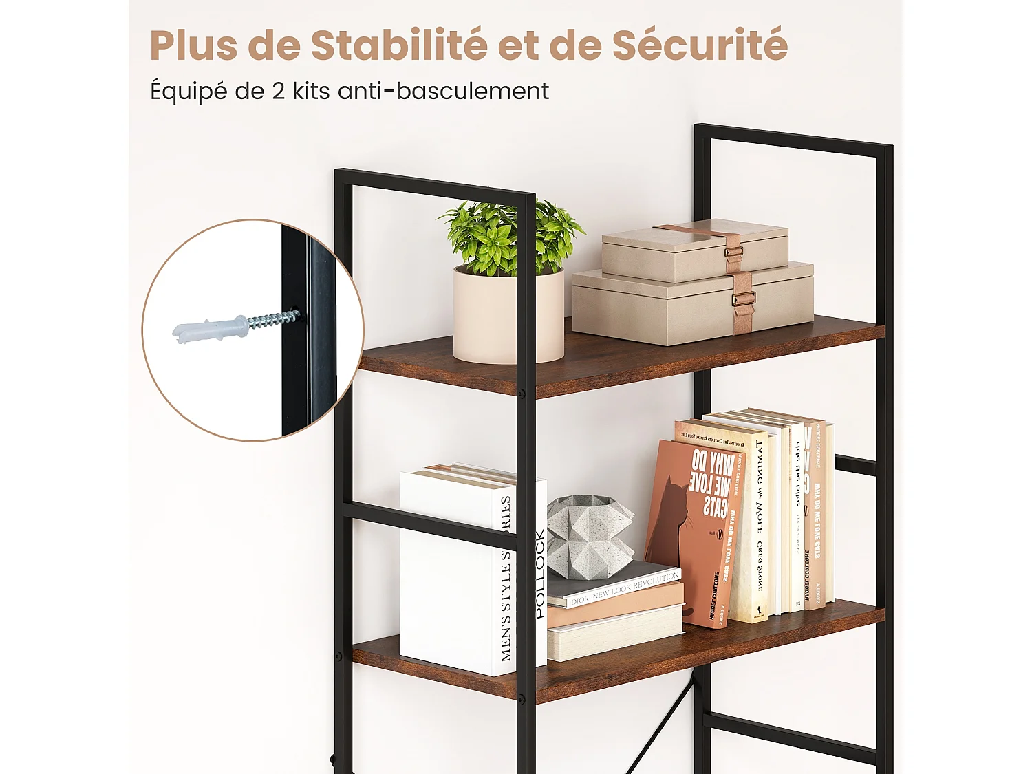 Étagère 5 Niveaux Bibliothèque 160 cm Hauteur Cadre Métallique Anti-Basculement