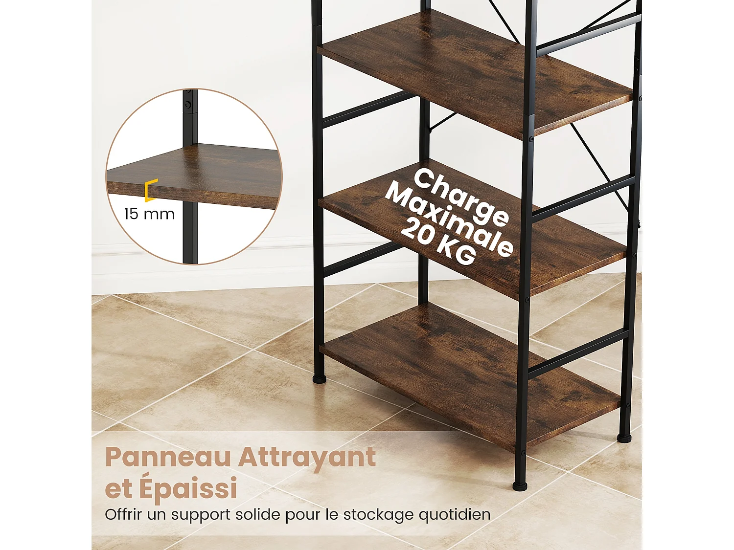 Étagère 5 Niveaux Bibliothèque 160 cm Hauteur Cadre Métallique Anti-Basculement