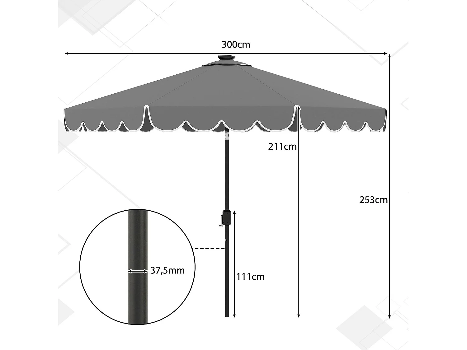 300 cm Sonnenschirm mit LED-Beleuchtung Gartenschirm mit Kurbel und Volant beidseitig um 35° knickbar Grau