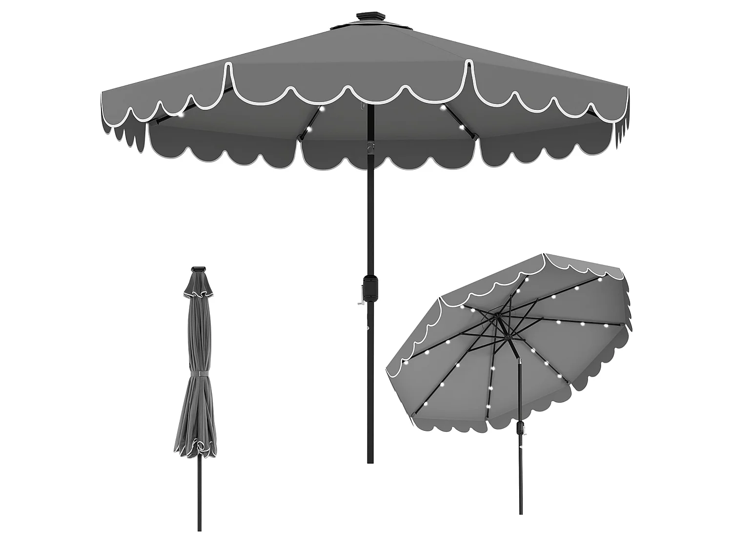300 cm Sonnenschirm mit LED-Beleuchtung Gartenschirm mit Kurbel und Volant beidseitig um 35° knickbar Grau