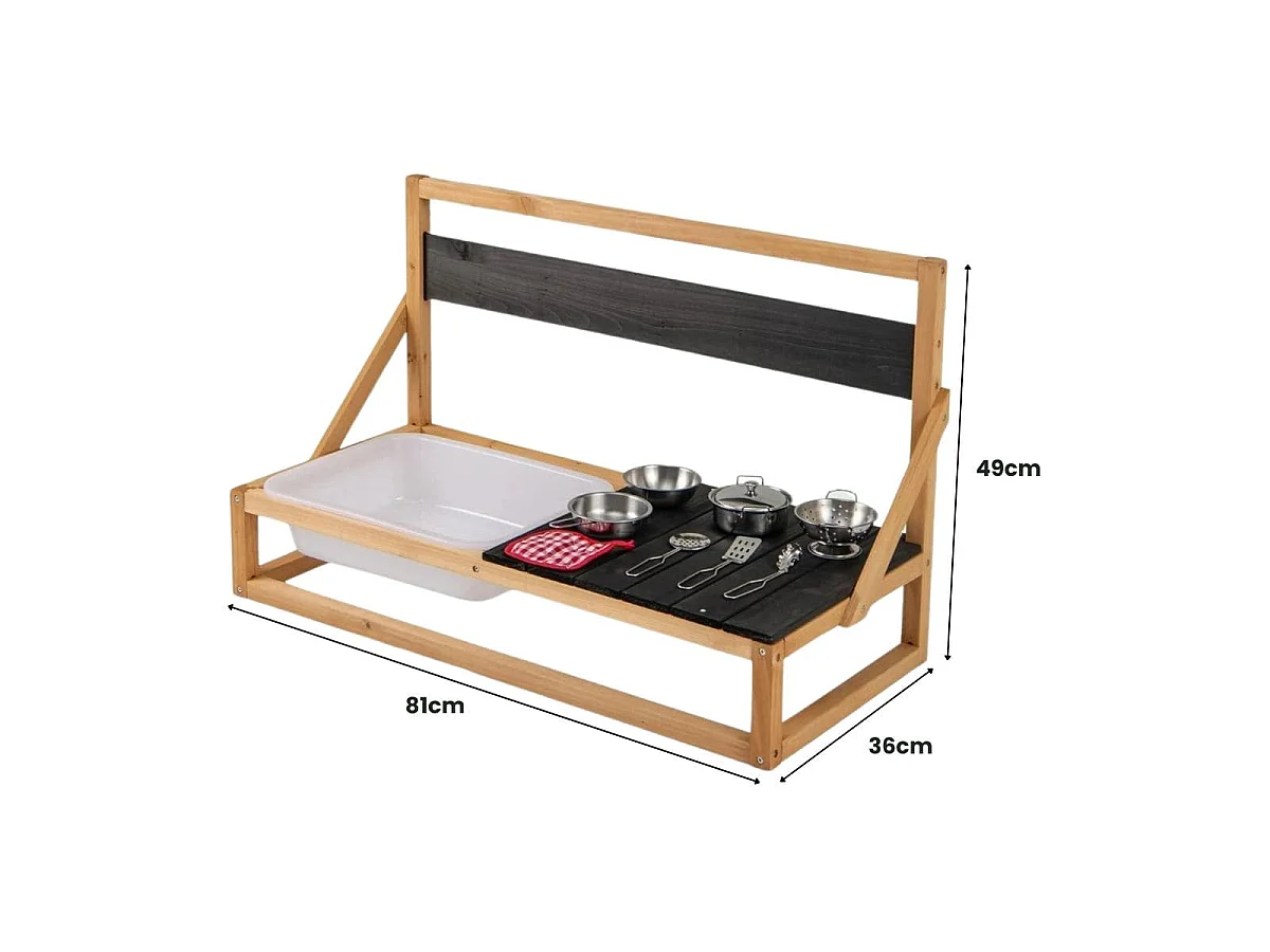 Cucina da gioco da parete/tavolo cucina in legno di abete con ganci, Set da gioco cucina outdoor per bambini 3+ anni Nero + Naturale