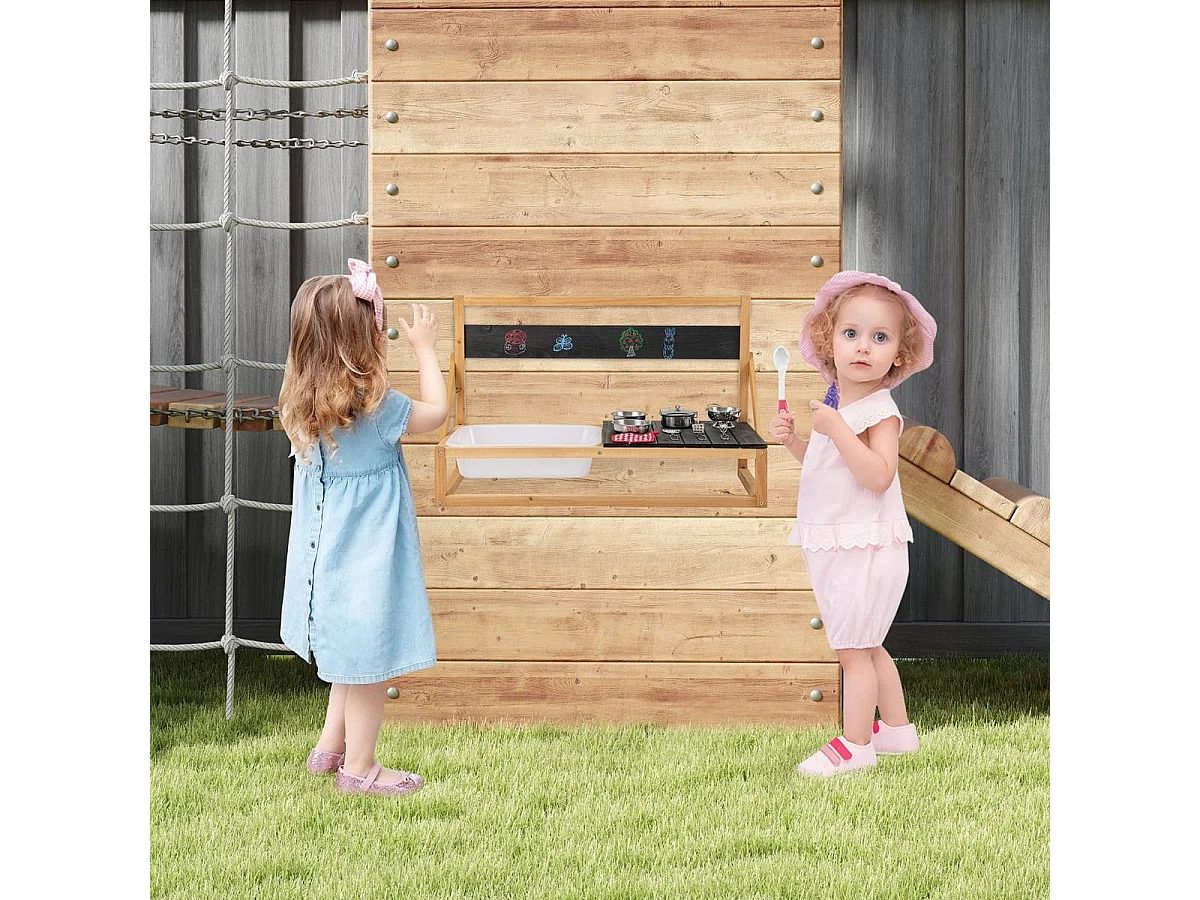 Cucina da gioco da parete/tavolo cucina in legno di abete con ganci, Set da gioco cucina outdoor per bambini 3+ anni Nero + Naturale