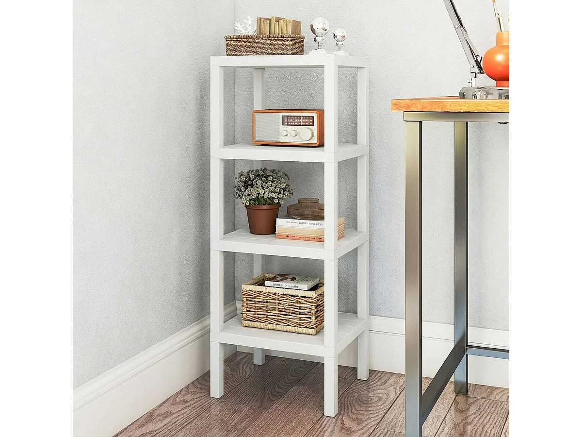 Étagère de Rangement en Plastique à 4 Niveaux Meuble Utilitaire Autoportant Unité d'Organisation Étroite pour Cuisine 38 x 32,5 x 99cm Blanc
