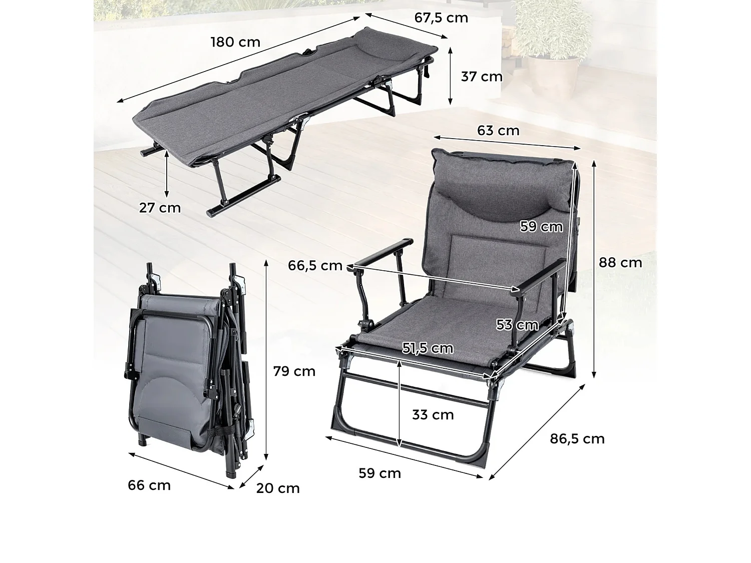 3 in 1 Gartenliege mit Kopfstütze & Verstellbarer Rückenlehne Klappbare Sonnenliege 180 x 67,5 x 37 cm