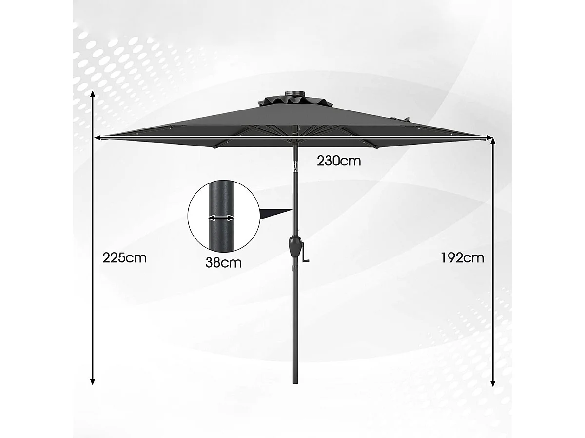 230 cm Sonnenschirm mit LED Solar Beleuchtung & Kurbel Gartenschirm Marktschirm Grau