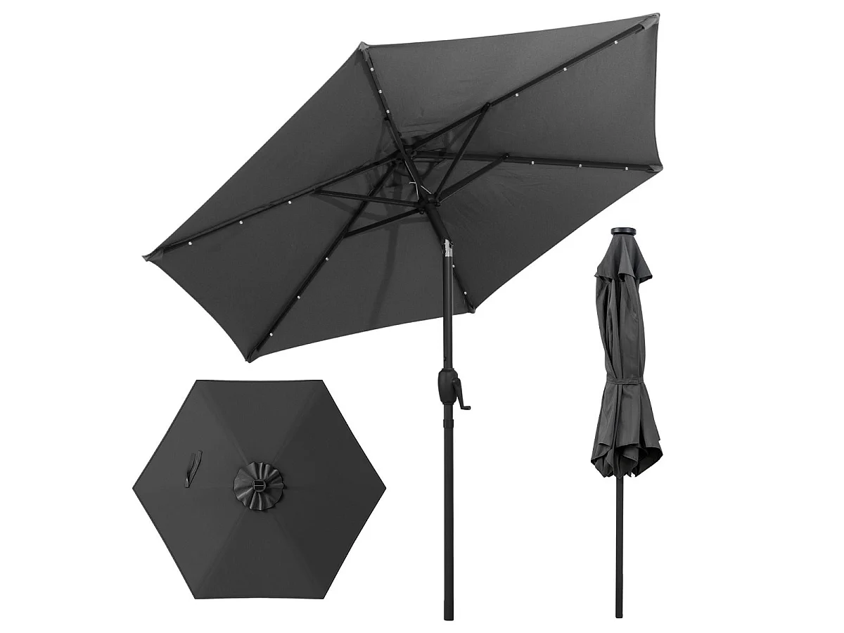 230 cm Sonnenschirm mit LED Solar Beleuchtung & Kurbel Gartenschirm Marktschirm Grau