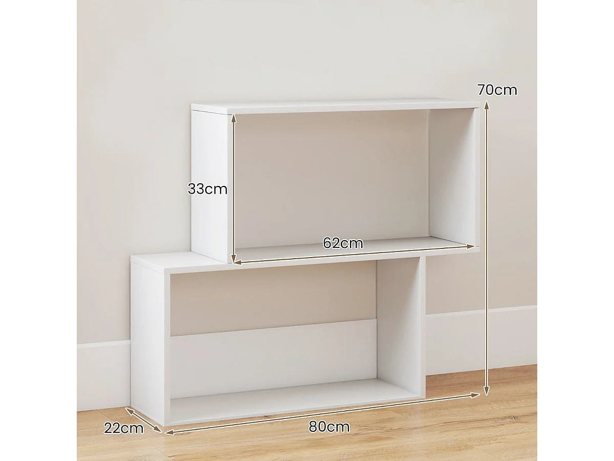 Bibliothèque Géométrique à 3 Niveaux Bibliothèque en Bois Autoportante avec 2 Compartiments Cubiques Étagère de Rangement Ouverte Blanc